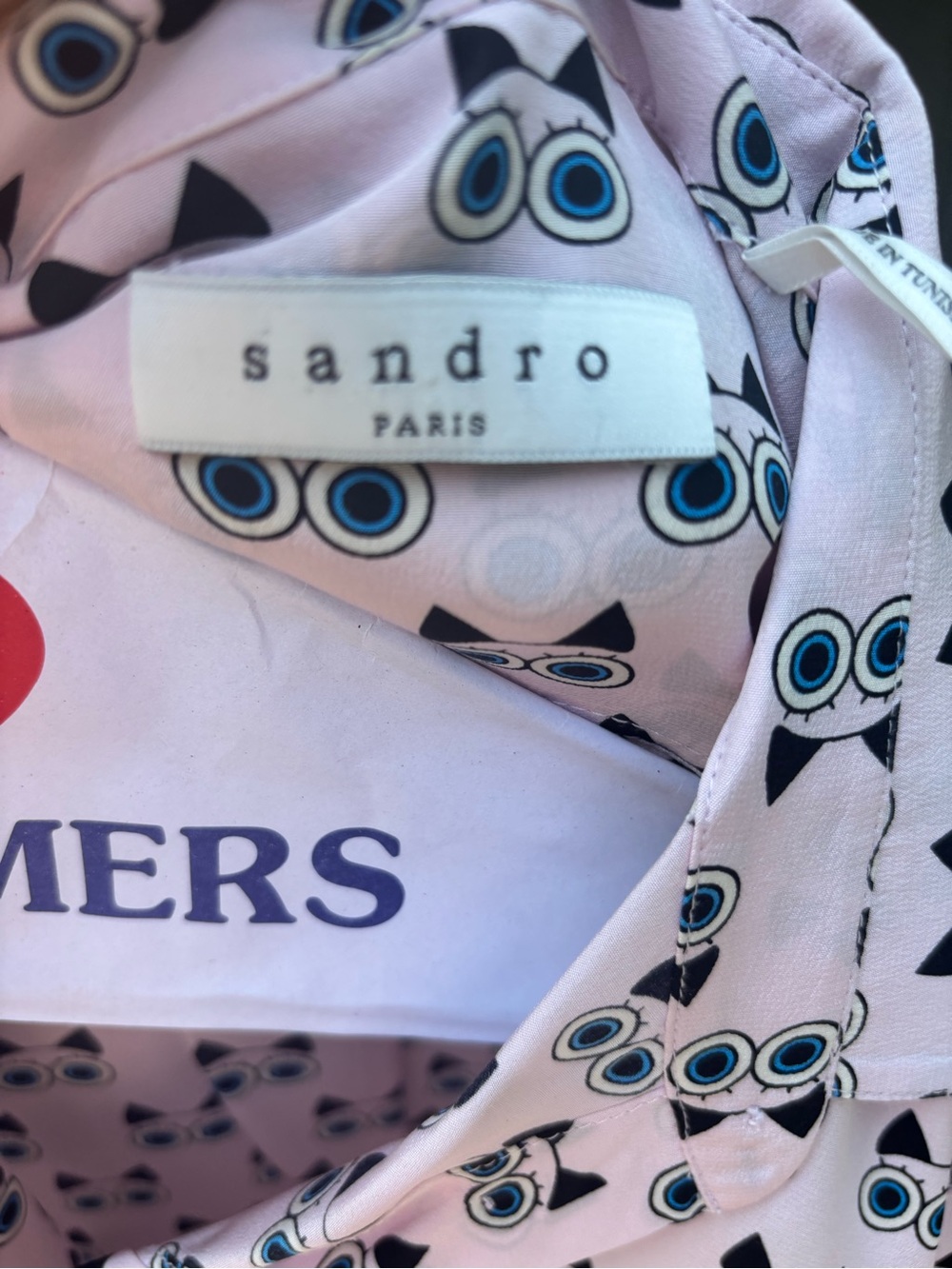Sandro Light Pink Button-Down Shirt with Black Cat-Eye Print - Picture 2 of 3